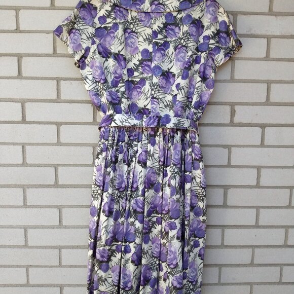Vintage 50s Purple Rose Dress 42" Bust 28.5" Waist Rockabilly Tea Party 60s - Picture 12 of 16